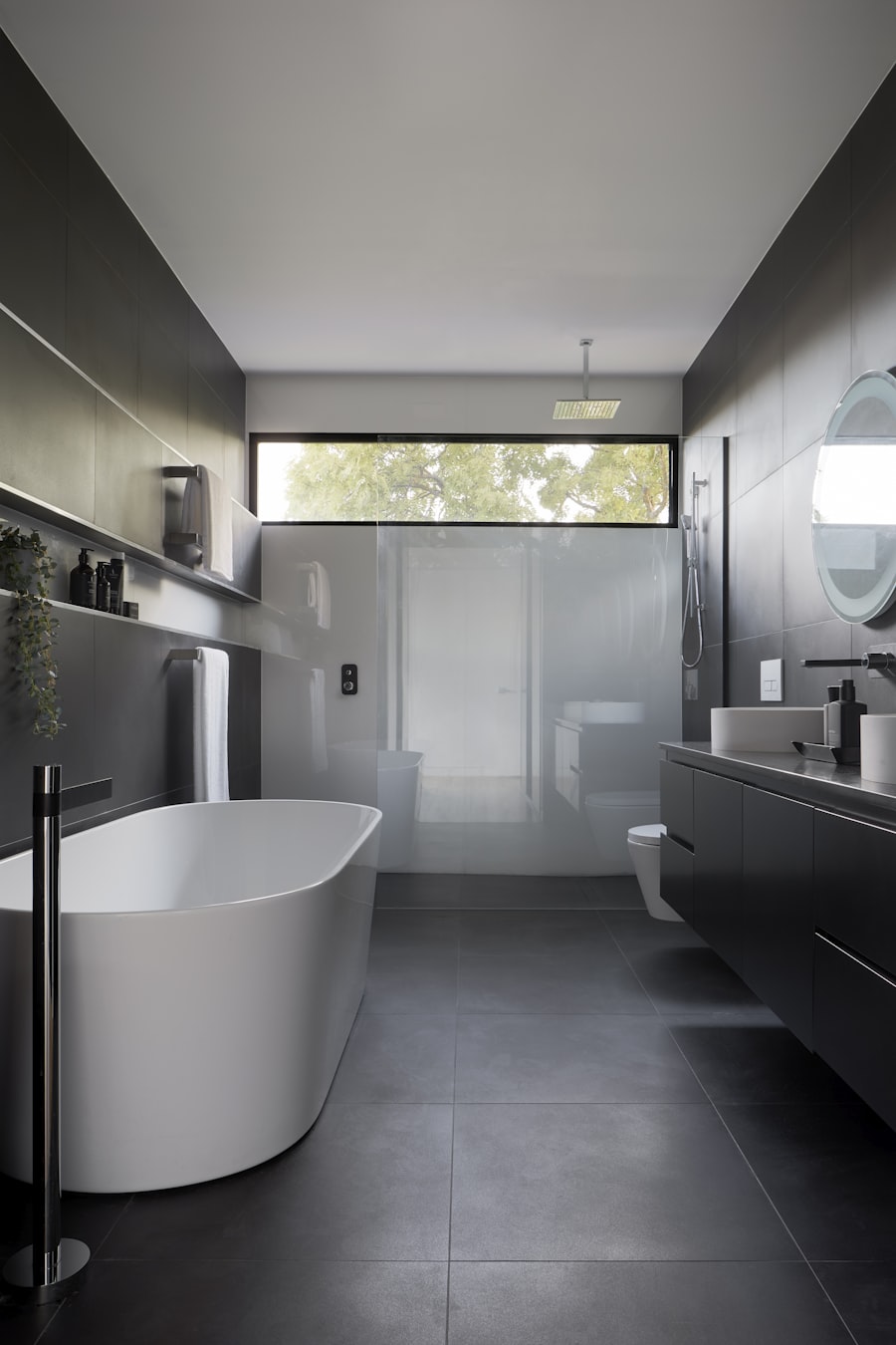 Floating double vanity with vessel sinks and LED lighting