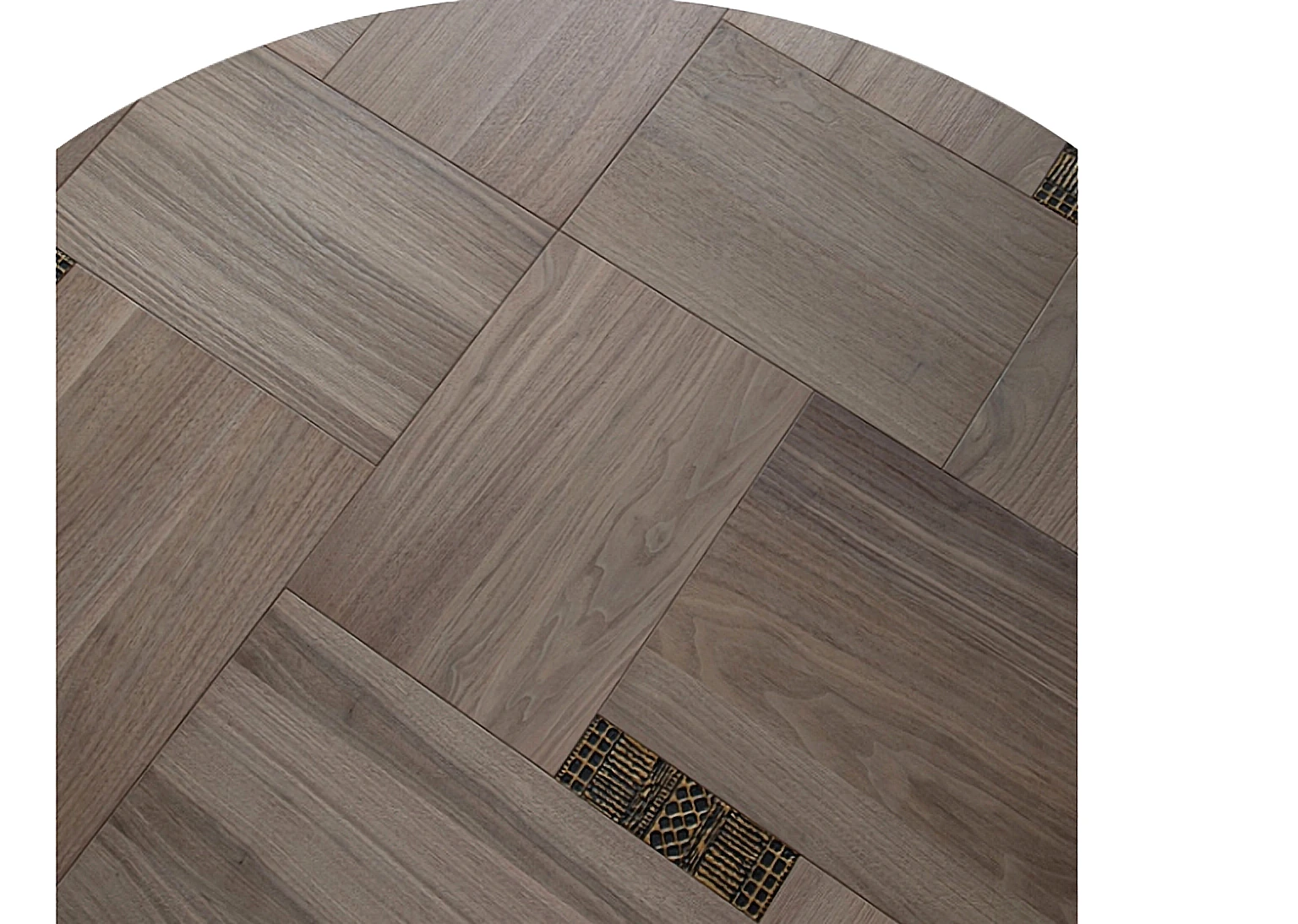 PARBRO MY-7501 — Walnut + solid brass inlay floor panel. Art wood flooring from China, sourced through Tarmeer's Dubai material selection center.