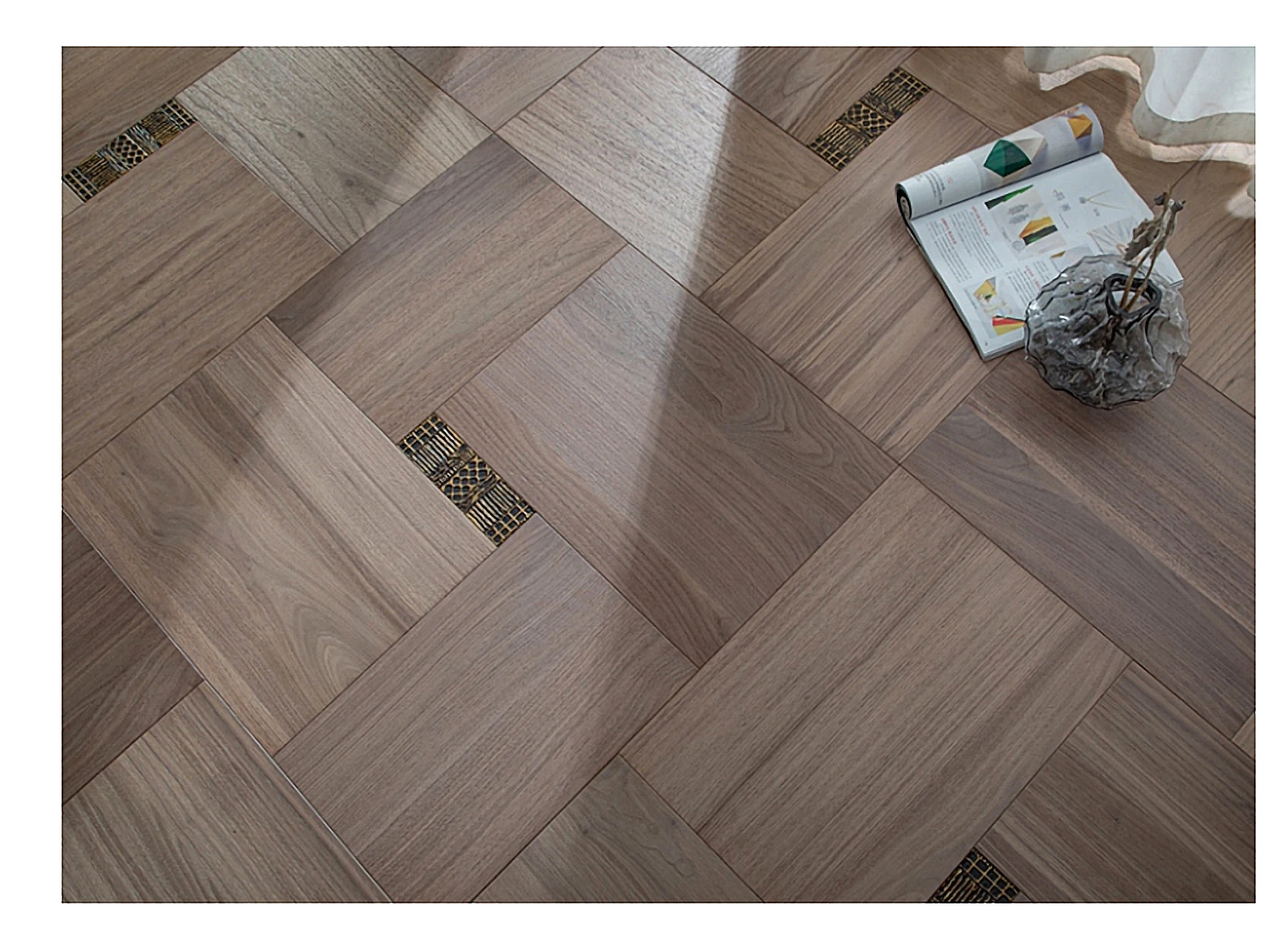 PARBRO MY-7501 — Walnut + solid brass inlay wood grain close-up detail. Art wood flooring from China, sourced through Tarmeer's Dubai material selection center.