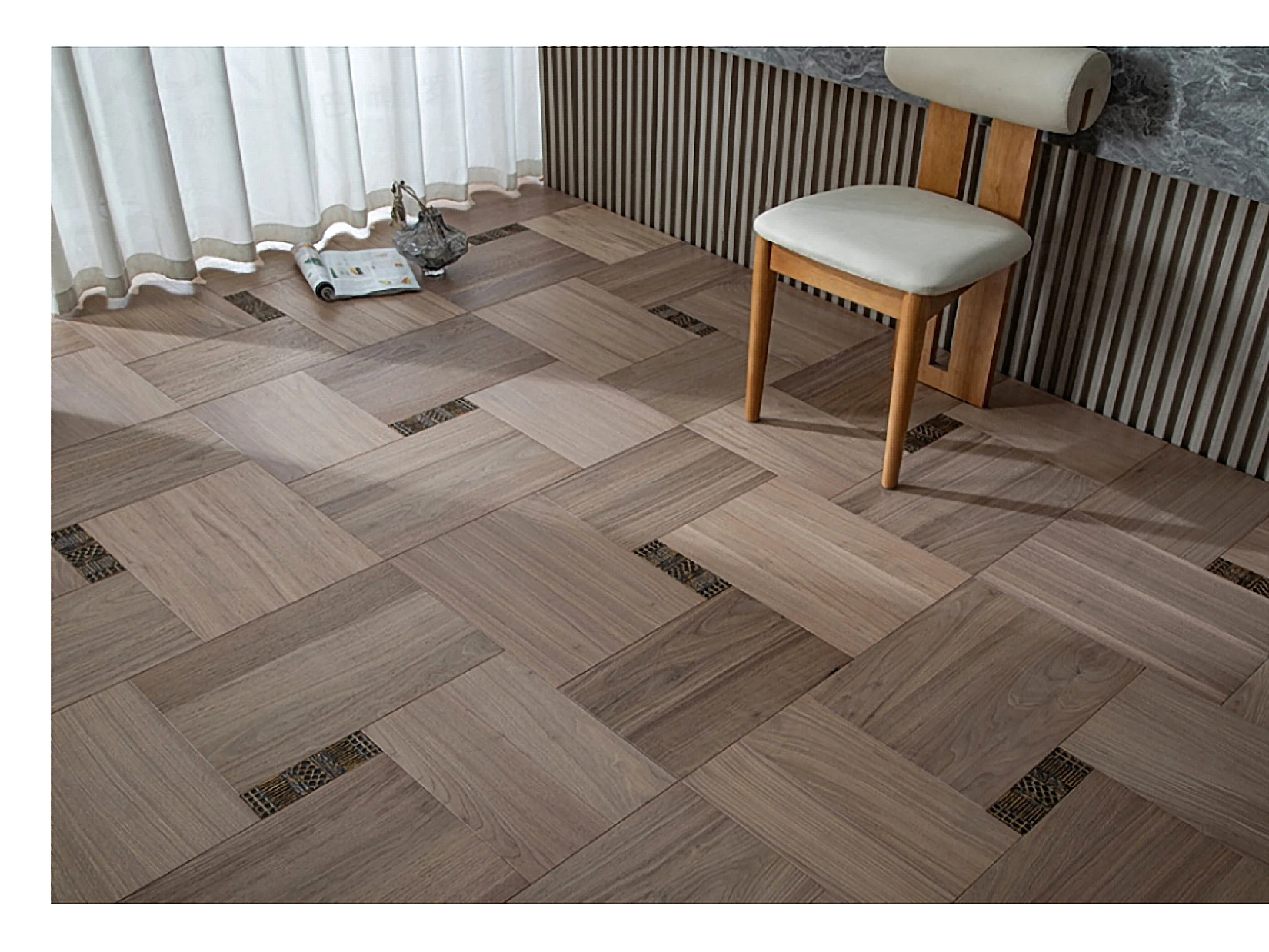 PARBRO MY-7501 — Walnut + solid brass inlay floor in a room setting. Art wood flooring from China, sourced through Tarmeer's Dubai material selection center.