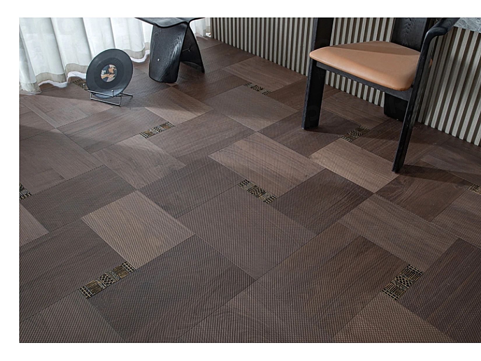 PARBRO MY-7502 — Walnut + solid brass inlay floor in a room setting. Art wood flooring from China, sourced through Tarmeer's Dubai material selection center.