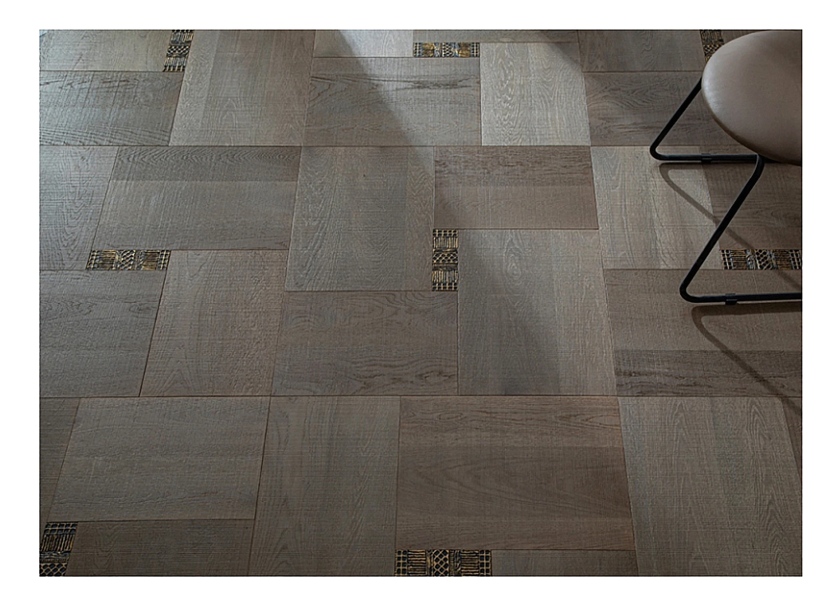 PARBRO MY-7506 — Oak + solid brass inlay wood grain close-up detail. Art wood flooring from China, sourced through Tarmeer's Dubai material selection center.