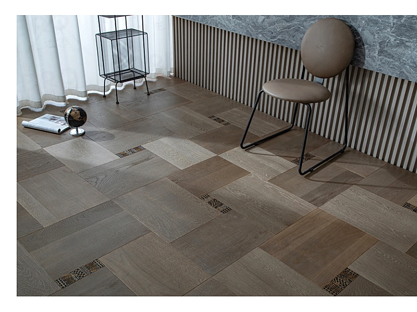 PARBRO MY-7506 — Oak + solid brass inlay floor in a room setting. Art wood flooring from China, sourced through Tarmeer's Dubai material selection center.