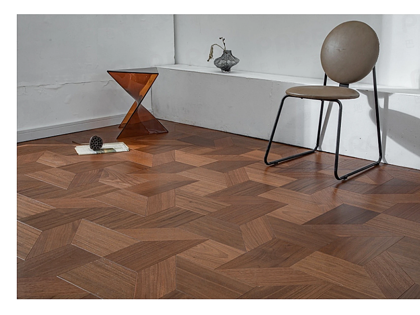 PARBRO MY001-2 — Walnut floor in a room setting. Art wood flooring from China, sourced through Tarmeer's Dubai material selection center.