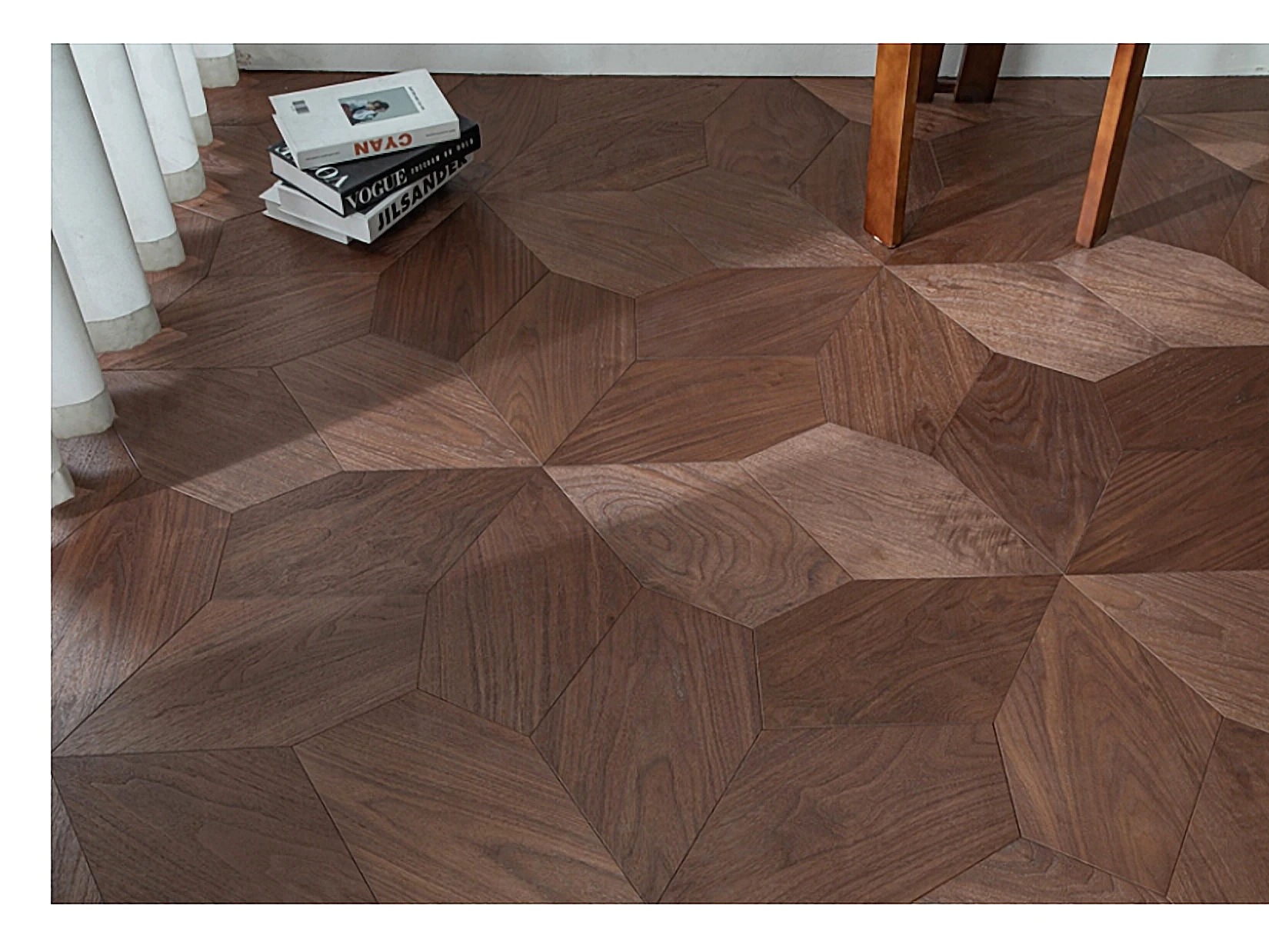 PARBRO MY004-6 — Walnut floor in a room setting. Art wood flooring from China, sourced through Tarmeer's Dubai material selection center.