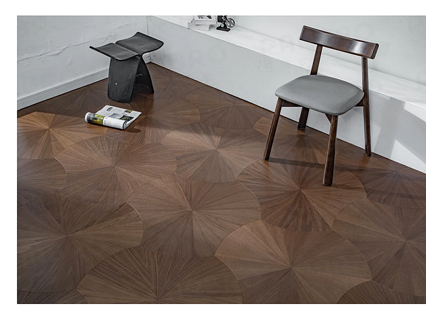 PARBRO MY009-2 — Walnut floor in a room setting. Art wood flooring from China, sourced through Tarmeer's Dubai material selection center.