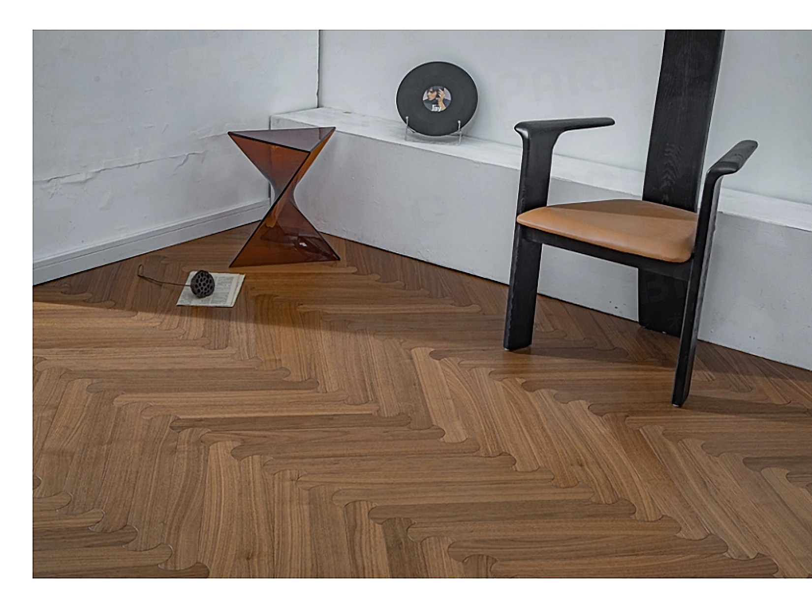 PARBRO MY011-1 — Walnut floor in a room setting. Art wood flooring from China, sourced through Tarmeer's Dubai material selection center.