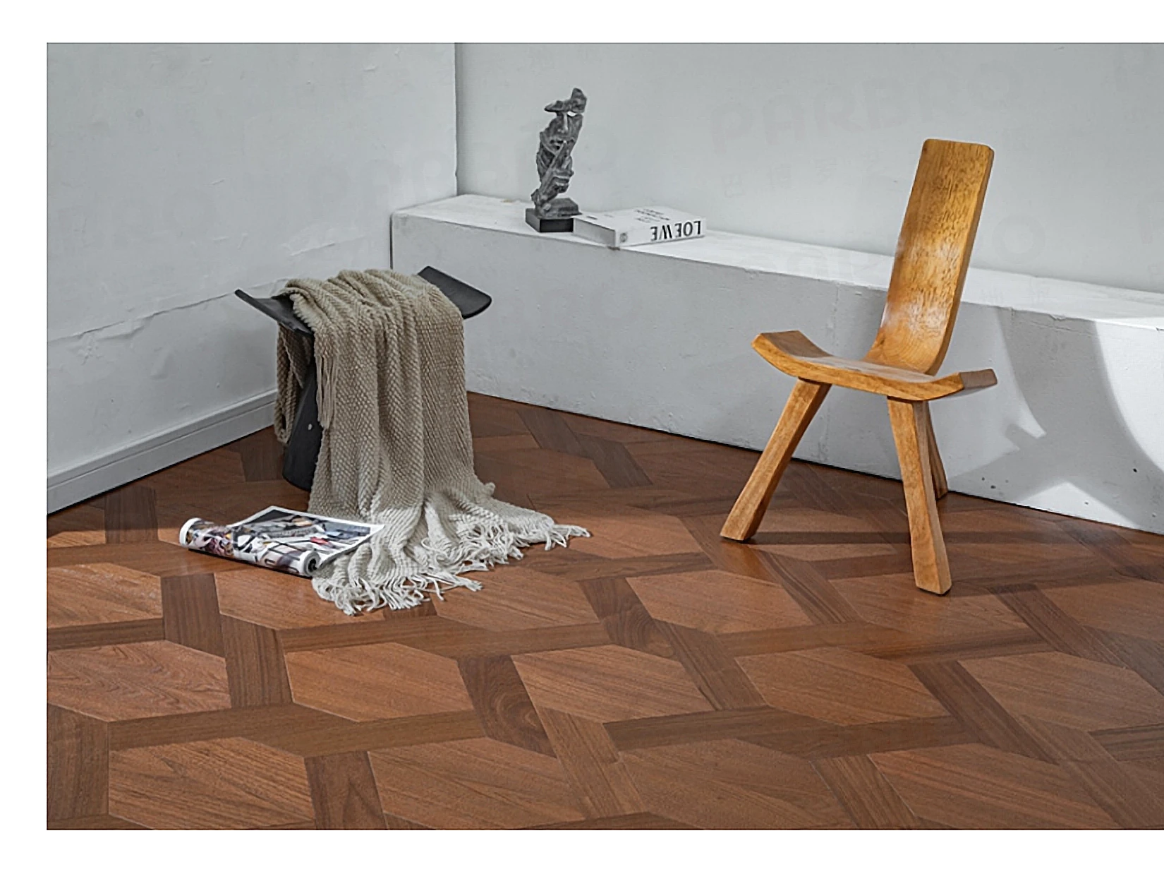 PARBRO MY018-2 — Walnut floor in a room setting. Art wood flooring from China, sourced through Tarmeer's Dubai material selection center.