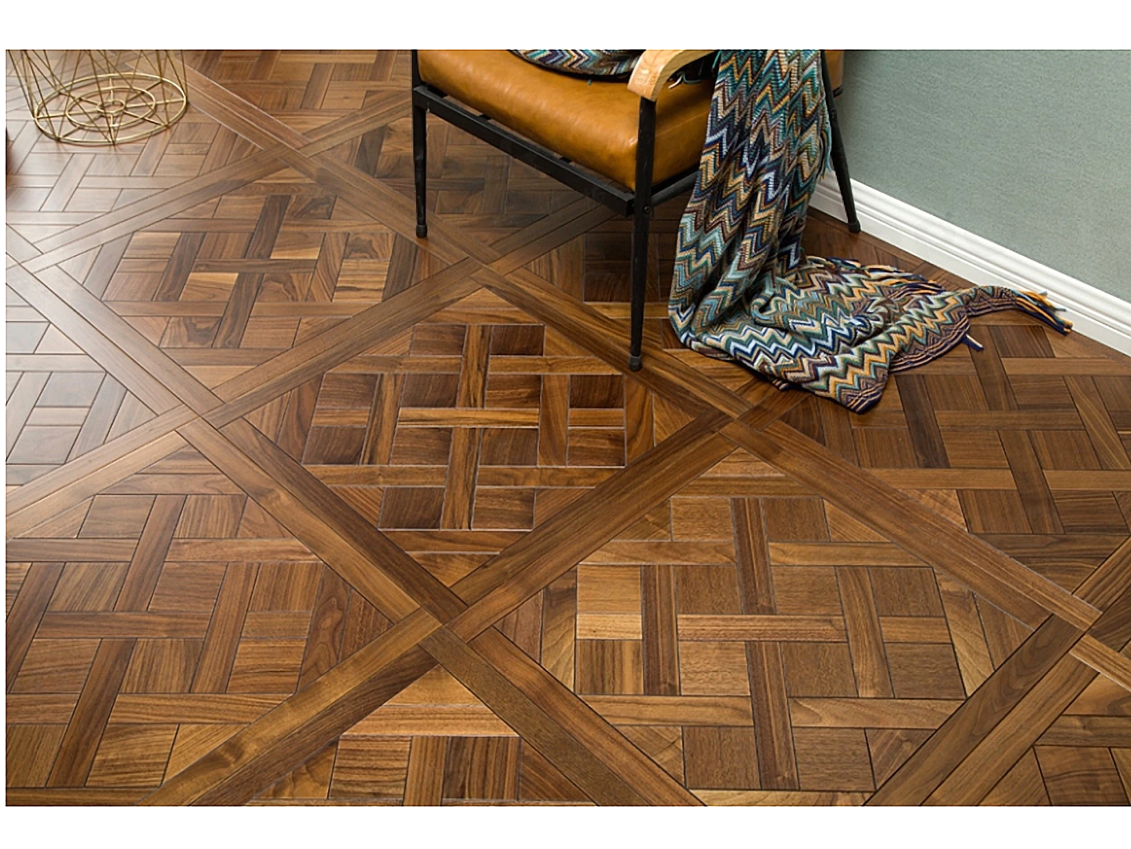 PARBRO 5950 — Walnut parquet floor in a room setting. Art wood flooring from China, sourced through Tarmeer's Dubai material selection center.