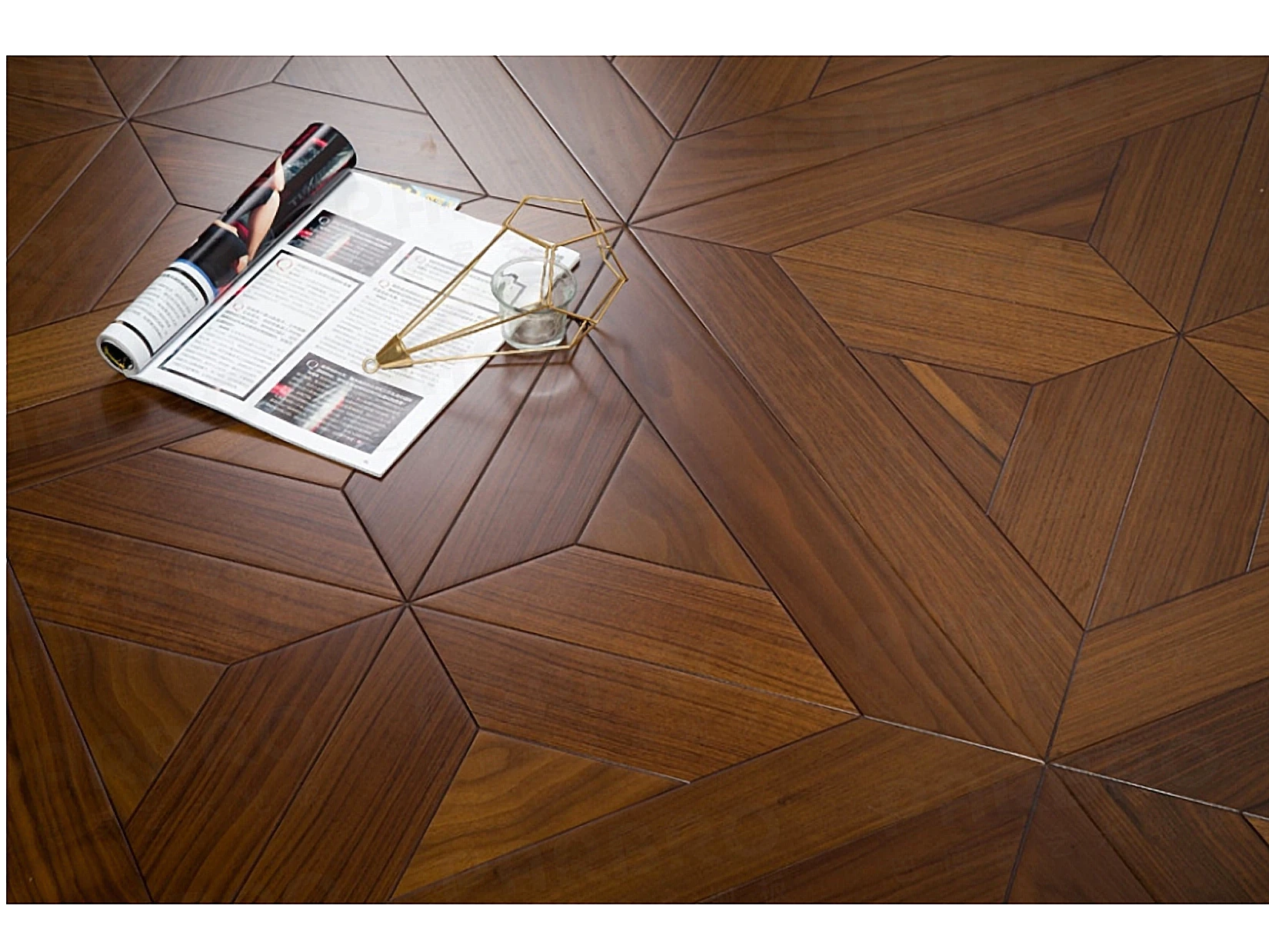 PARBRO 5966 — Walnut floor in a room setting. Art wood flooring from China, sourced through Tarmeer's Dubai material selection center.