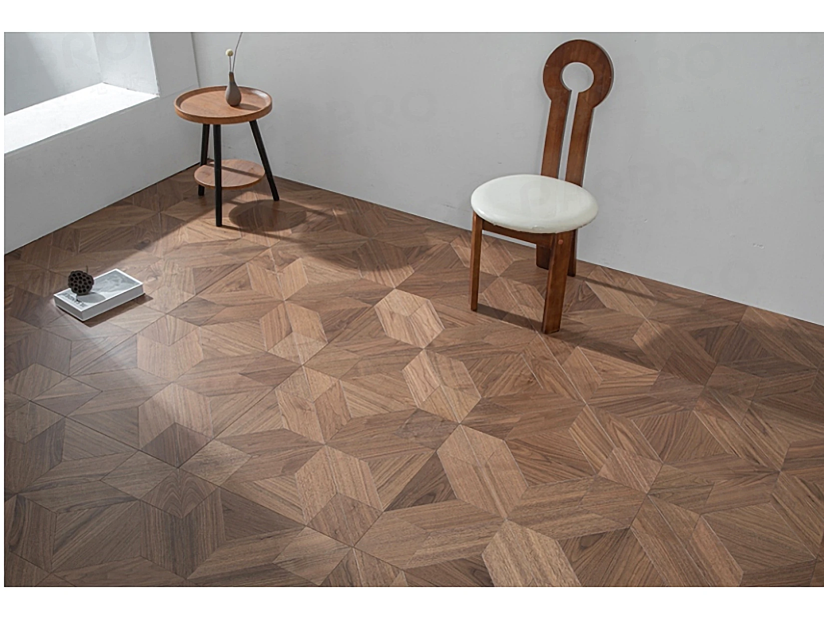 PARBRO 5978 — Walnut parquet floor in a room setting. Art wood flooring from China, sourced through Tarmeer's Dubai material selection center.
