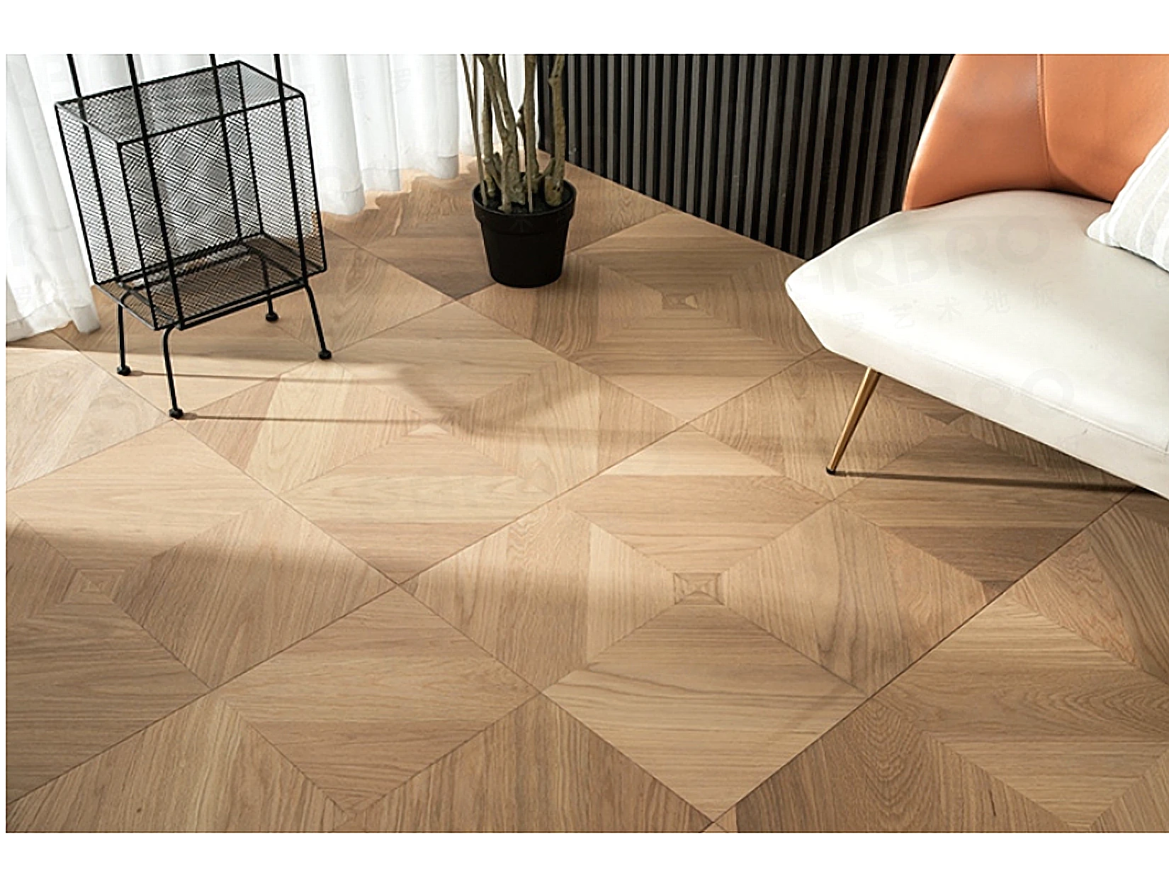 PARBRO 5985 — White oak 3-layer parquet floor in a room setting. Art wood flooring from China, sourced through Tarmeer's Dubai material selection center.