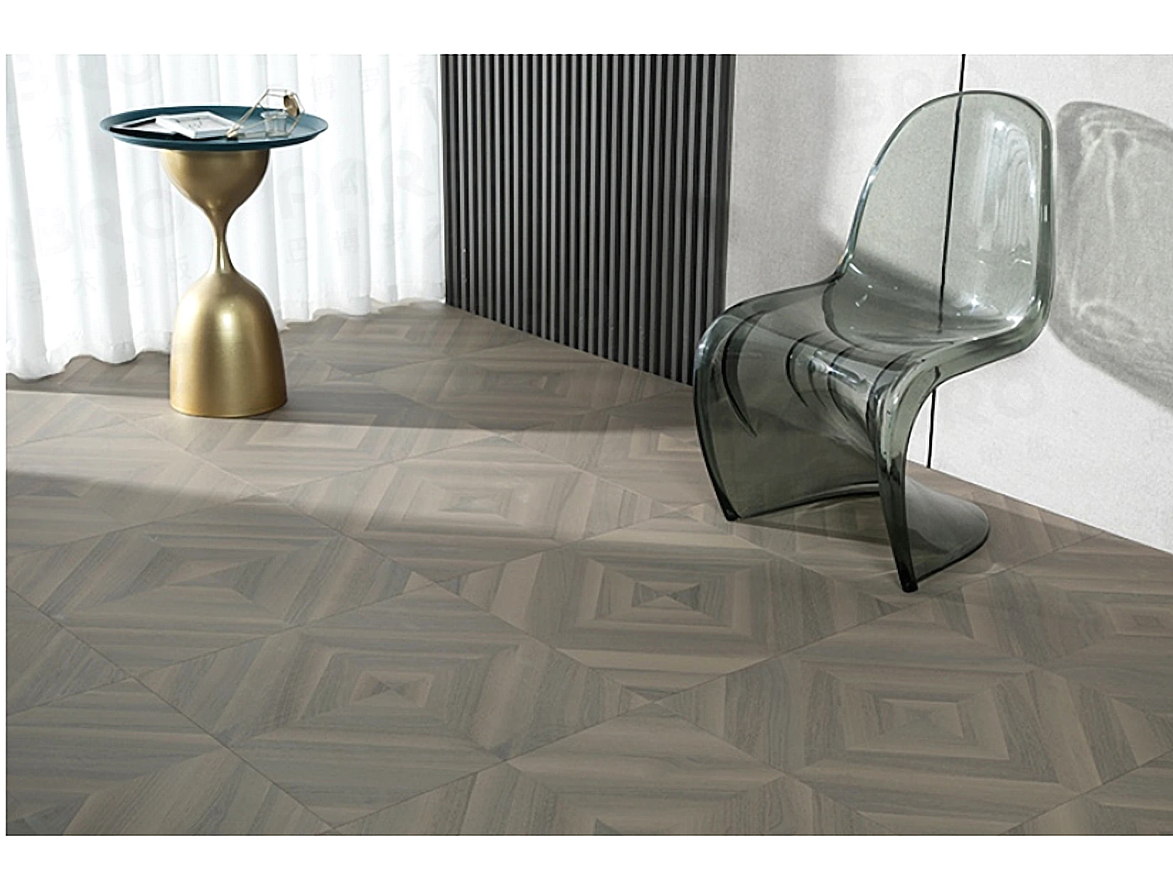 PARBRO 5986 — Two-tone walnut 3-layer parquet floor in a room setting. Art wood flooring from China, sourced through Tarmeer's Dubai material selection center.