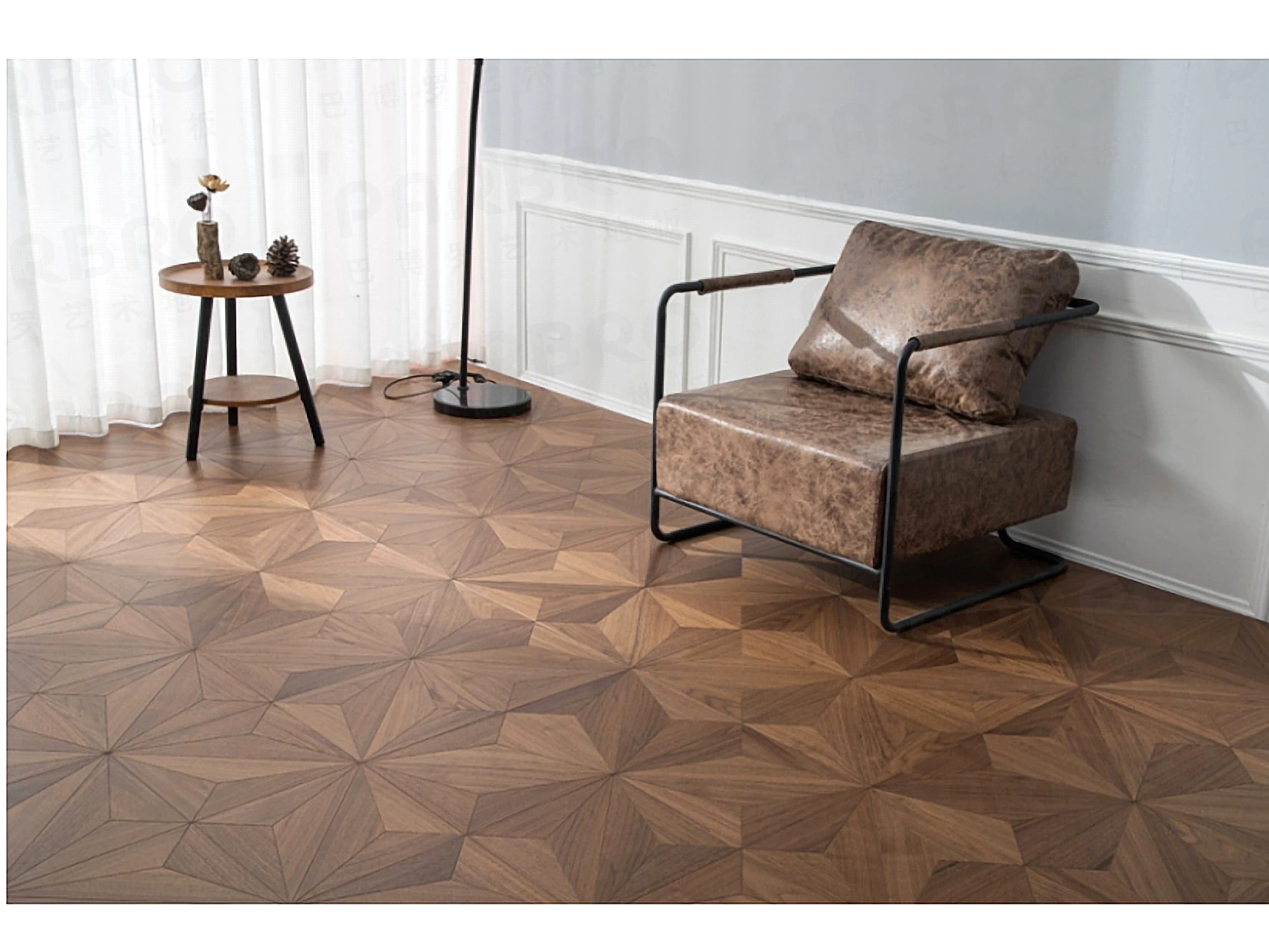 PARBRO 5989 — Walnut parquet floor in a room setting. Art wood flooring from China, sourced through Tarmeer's Dubai material selection center.