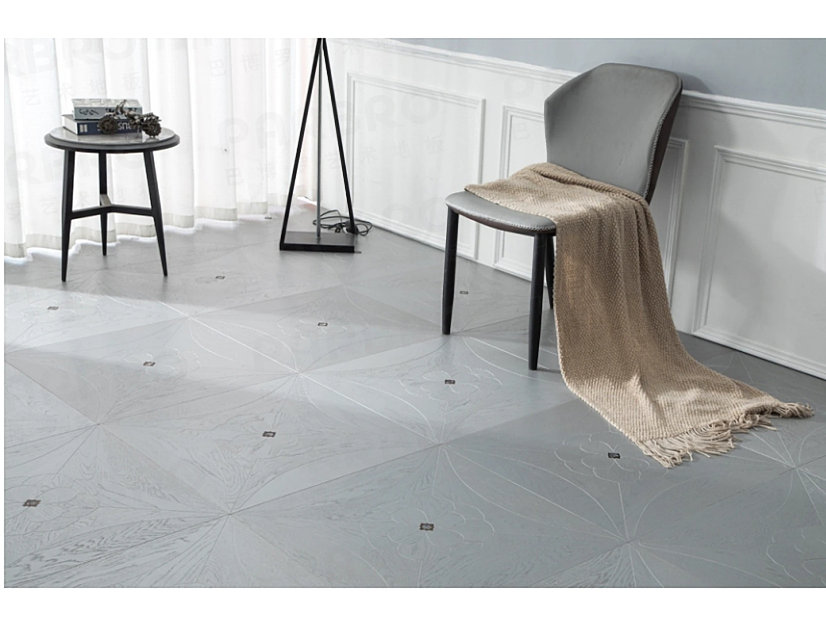 PARBRO 5991 — Oak + rosewood + shell floor in a room setting. Art wood flooring from China, sourced through Tarmeer's Dubai material selection center.
