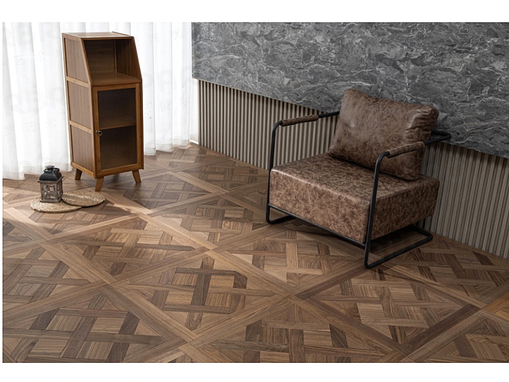 PARBRO HP12 — Walnut parquet floor in a room setting. Art wood flooring from China, sourced through Tarmeer's Dubai material selection center.