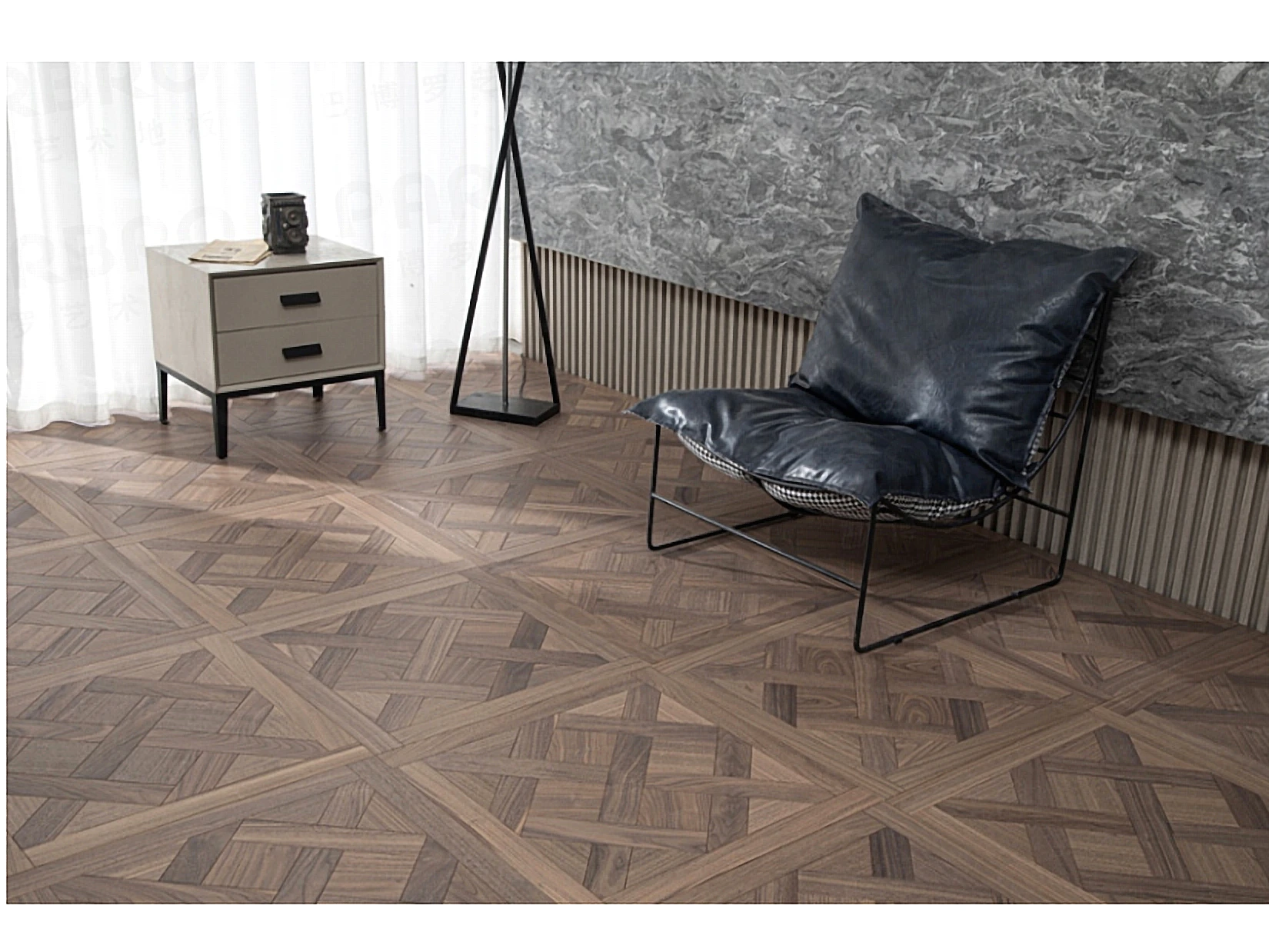 PARBRO HP13 — Walnut parquet floor in a room setting. Art wood flooring from China, sourced through Tarmeer's Dubai material selection center.