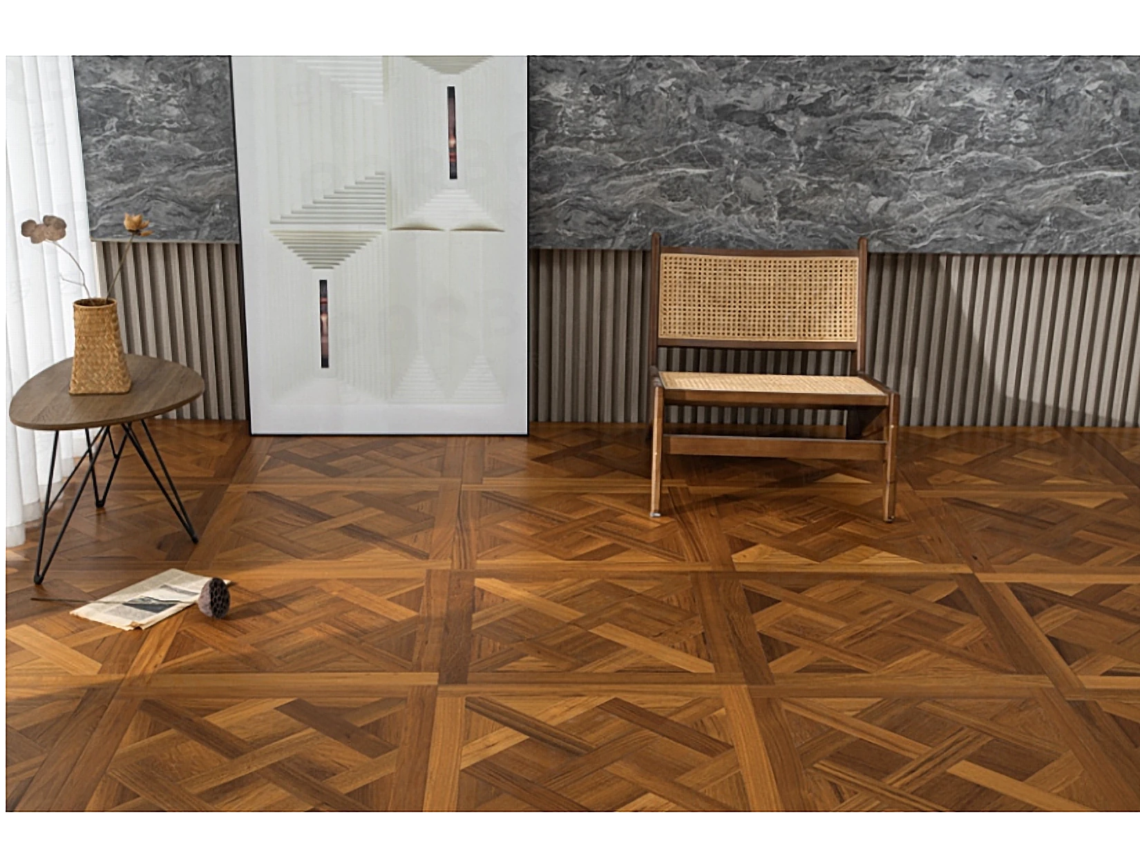 PARBRO HP15 — Teak parquet floor in a room setting. Art wood flooring from China, sourced through Tarmeer's Dubai material selection center.