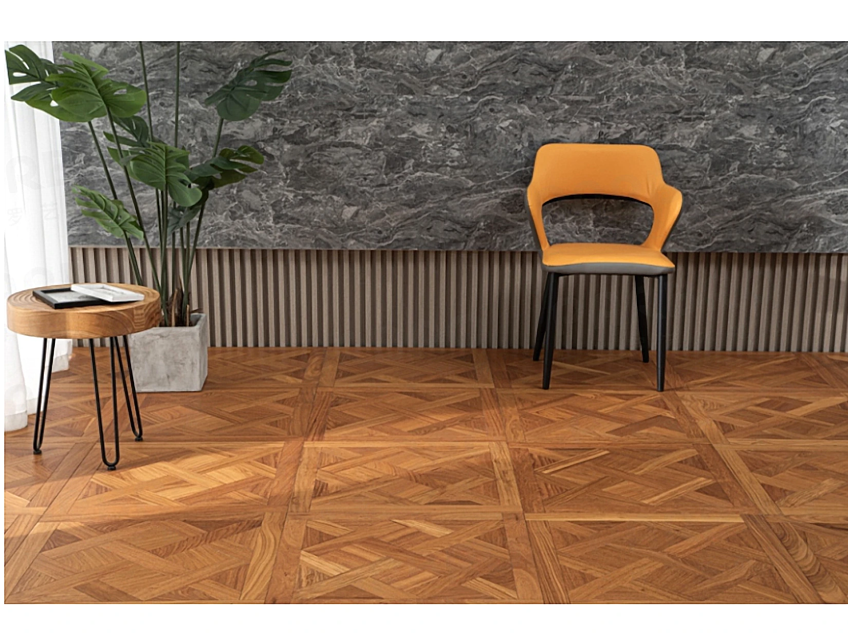 PARBRO HP16 — Padauk parquet floor in a room setting. Art wood flooring from China, sourced through Tarmeer's Dubai material selection center.