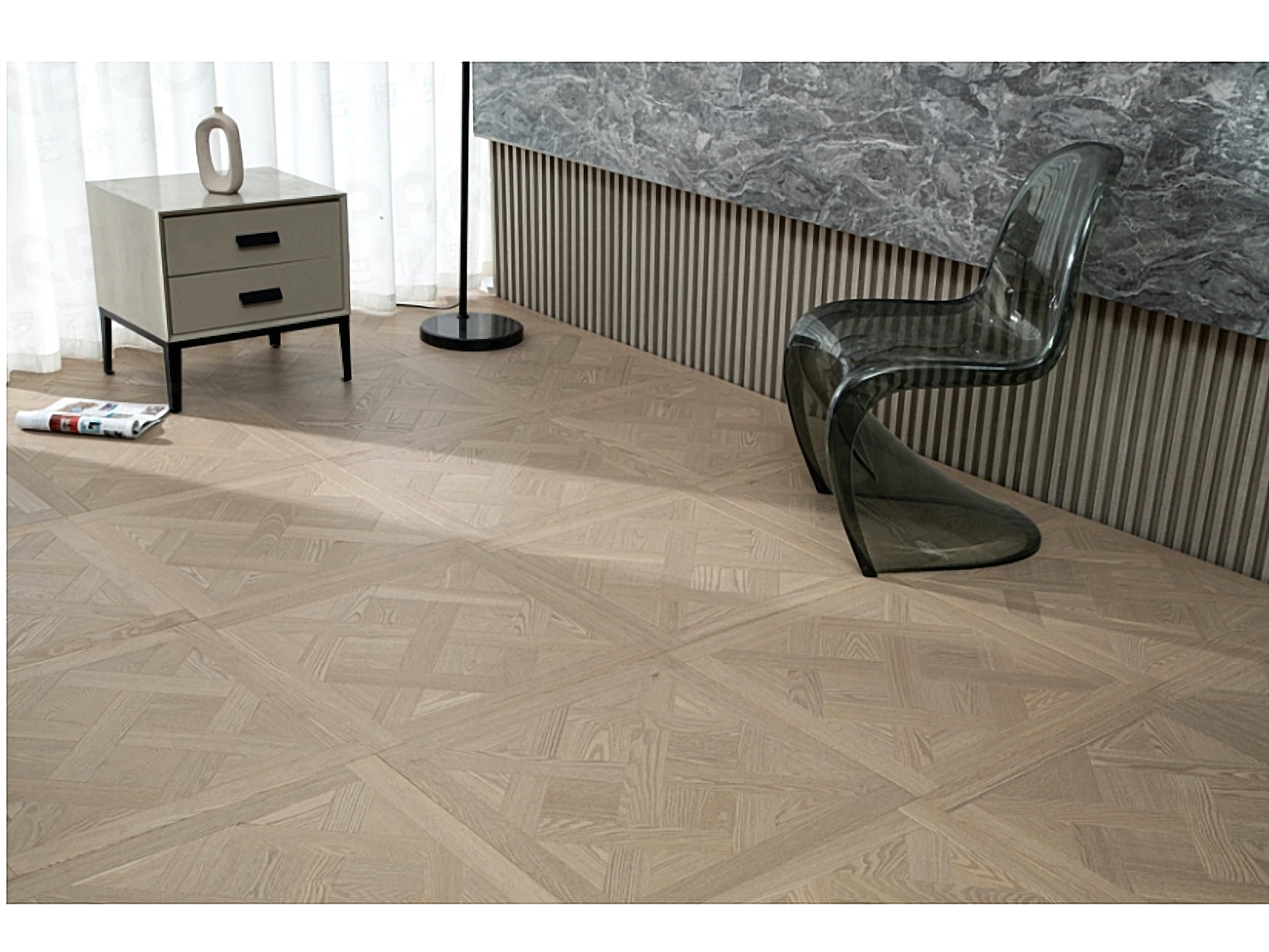 PARBRO HP19 — Ash parquet floor in a room setting. Art wood flooring from China, sourced through Tarmeer's Dubai material selection center.