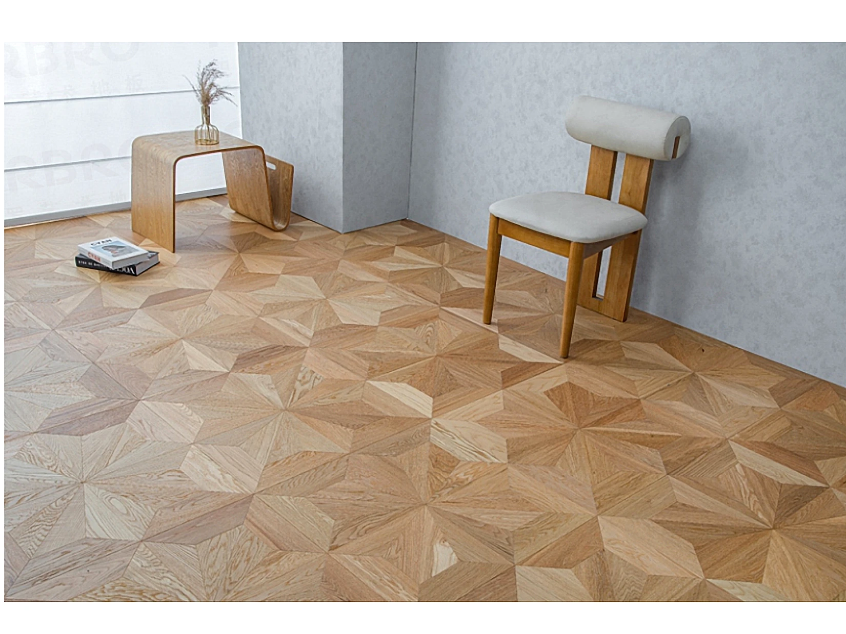 PARBRO QHP61 — Oak diamond parquet (imported birch core) floor in a room setting. Art wood flooring from China, sourced through Tarmeer's Dubai material selection center.