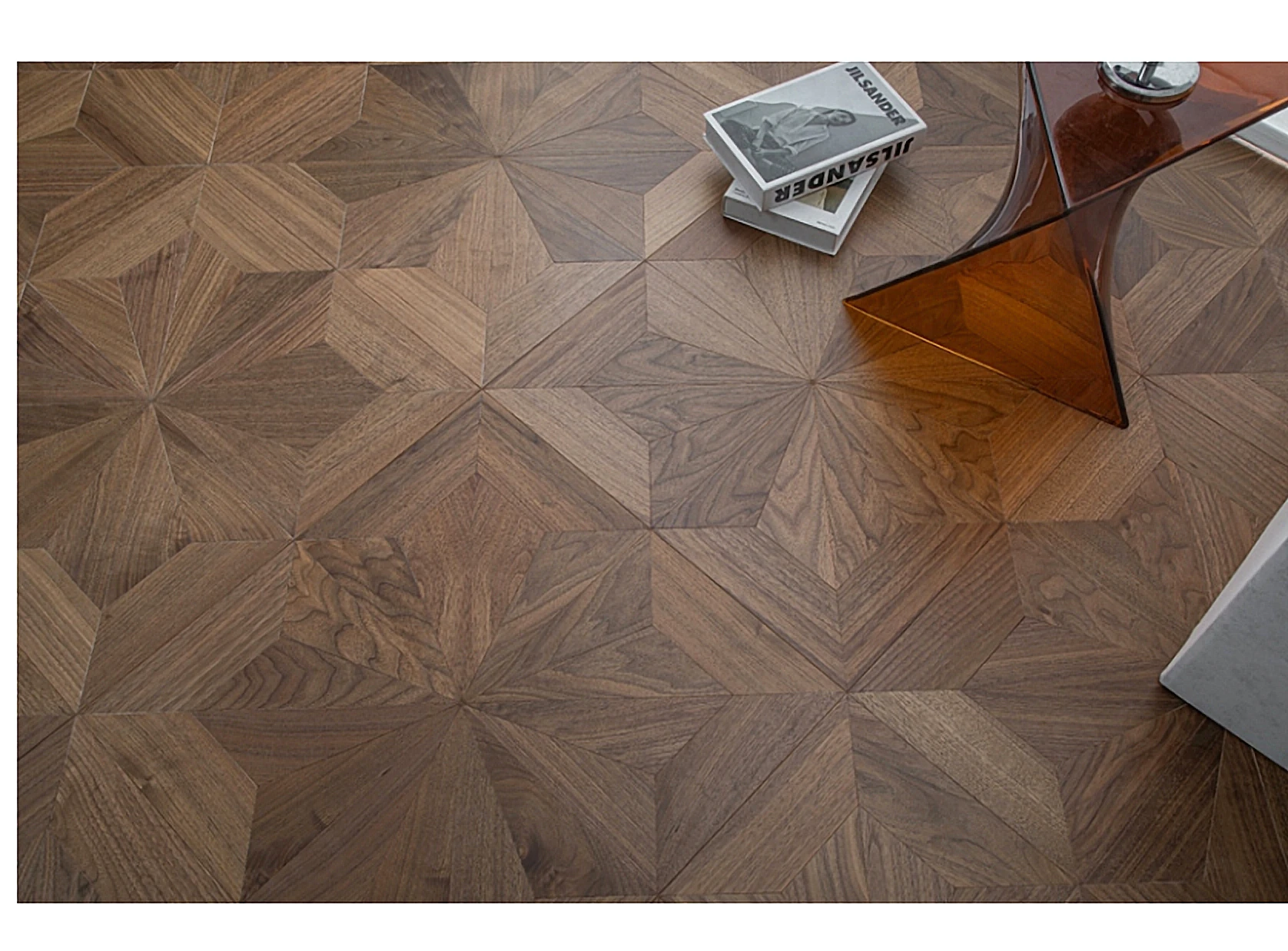PARBRO QHP65 — Walnut diamond parquet (imported birch core) wood grain close-up detail. Art wood flooring from China, sourced through Tarmeer's Dubai material selection center.