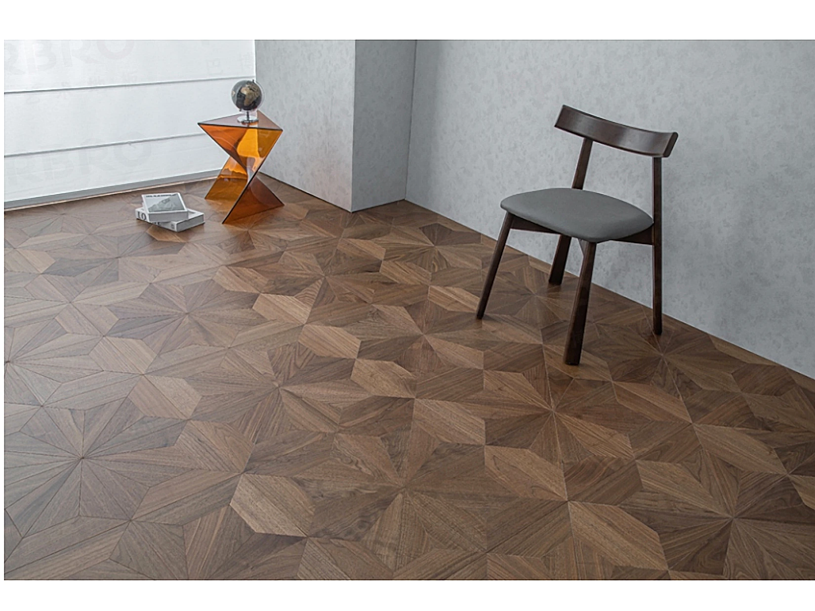 PARBRO QHP65 — Walnut diamond parquet (imported birch core) floor in a room setting. Art wood flooring from China, sourced through Tarmeer's Dubai material selection center.