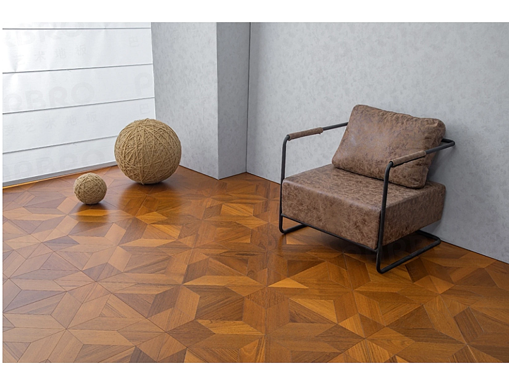PARBRO QHP66 — Teak parquet (imported birch core) floor in a room setting. Art wood flooring from China, sourced through Tarmeer's Dubai material selection center.