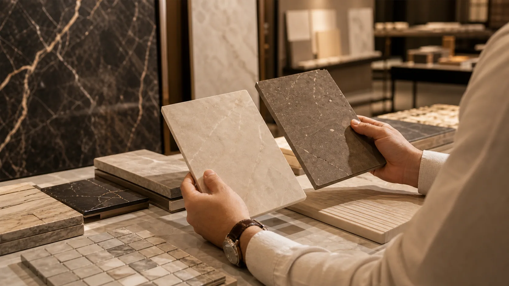 A customer comparing stone and tile samples in a Dubai showroom