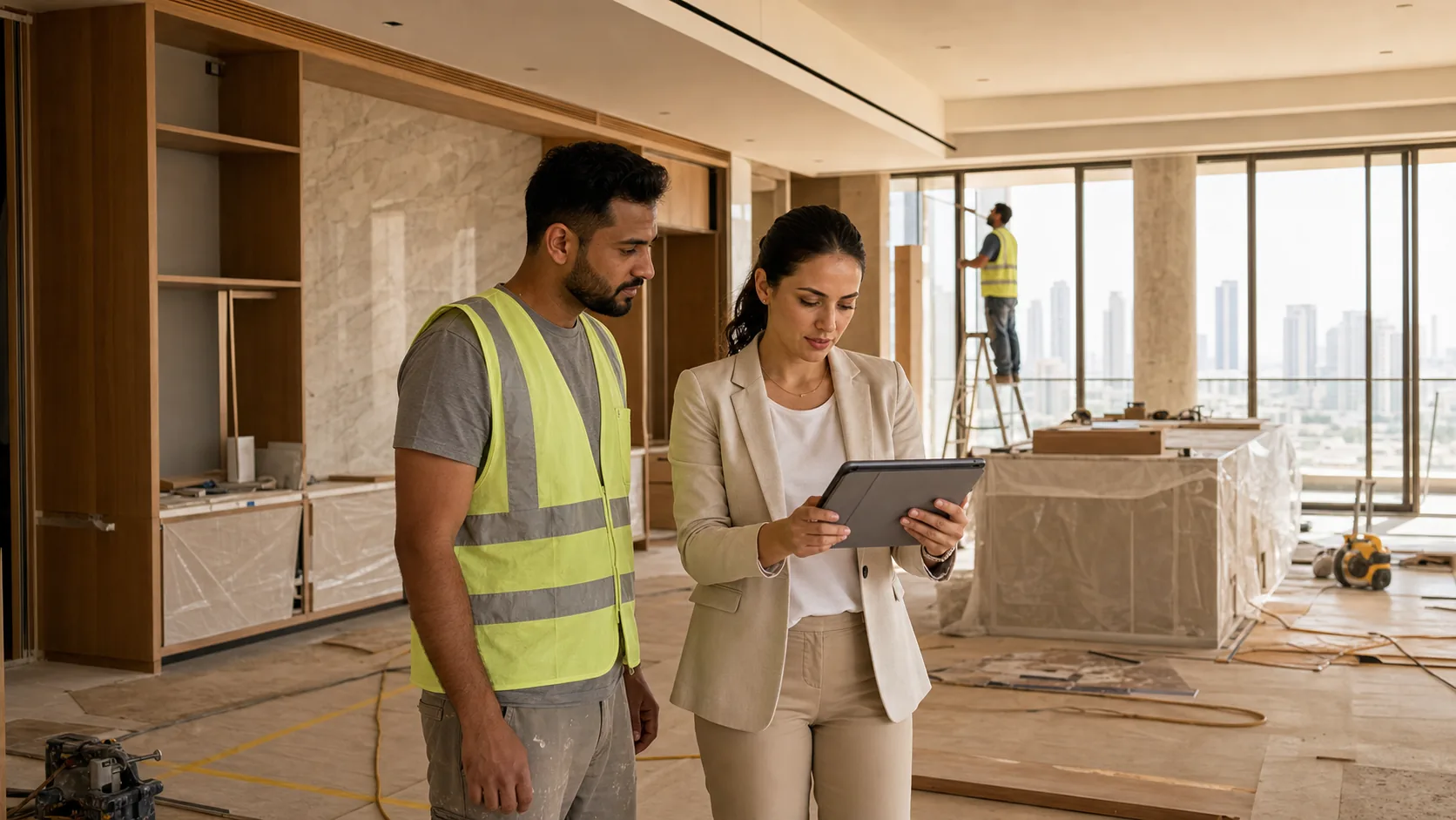 A homeowner reviewing a portfolio with a design company