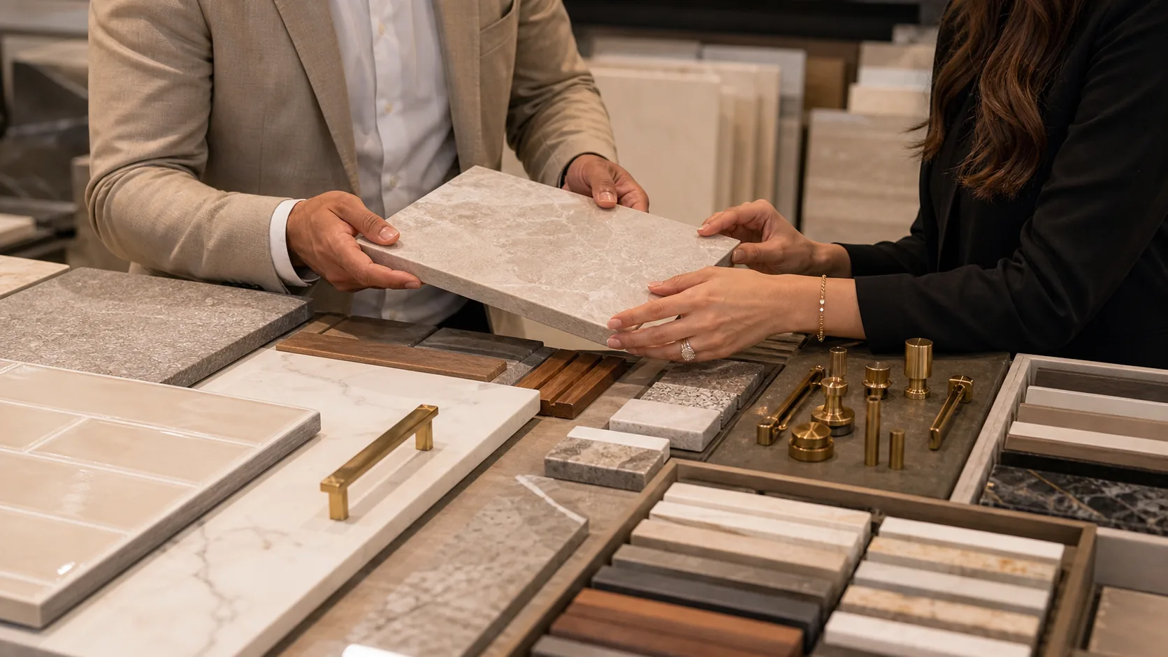 Building material samples — tiles, stone and brass fittings
