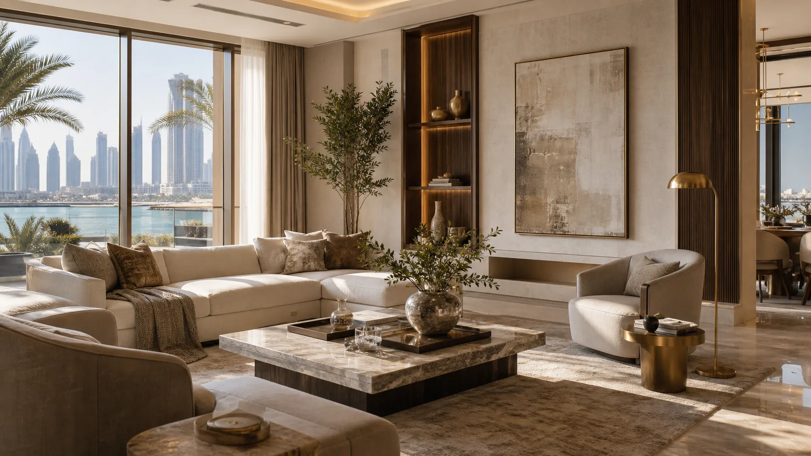 A contemporary Dubai living room in Modern Arabic style