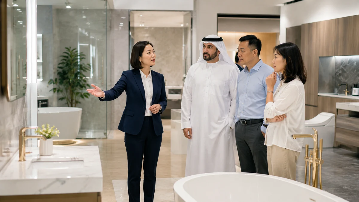 Our Chinese team hosting Gulf clients at a sanitaryware showroom in China