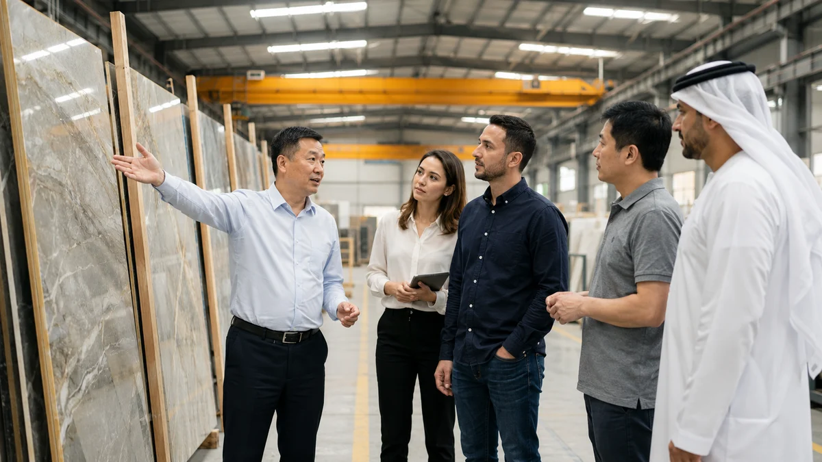 Our Chinese team hosting Gulf clients at a materials showroom in China