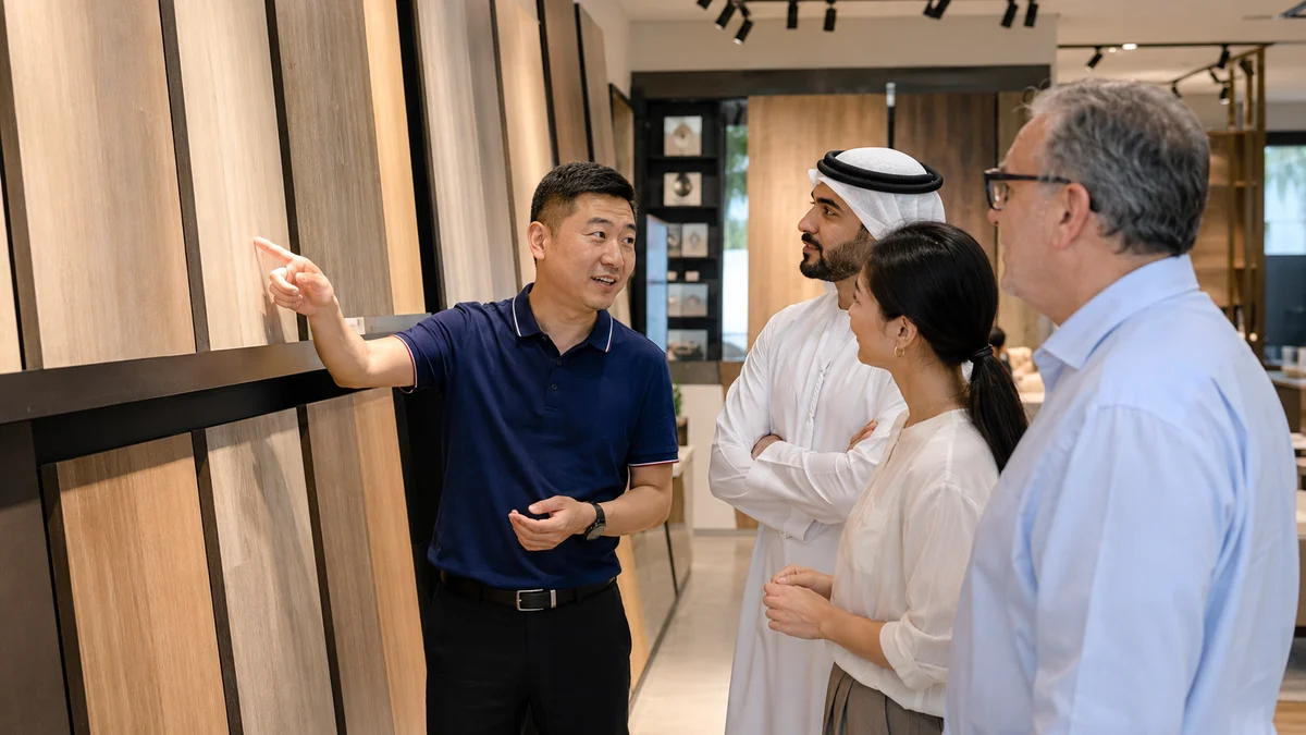 Our Chinese team hosting Gulf clients at a materials showroom in China