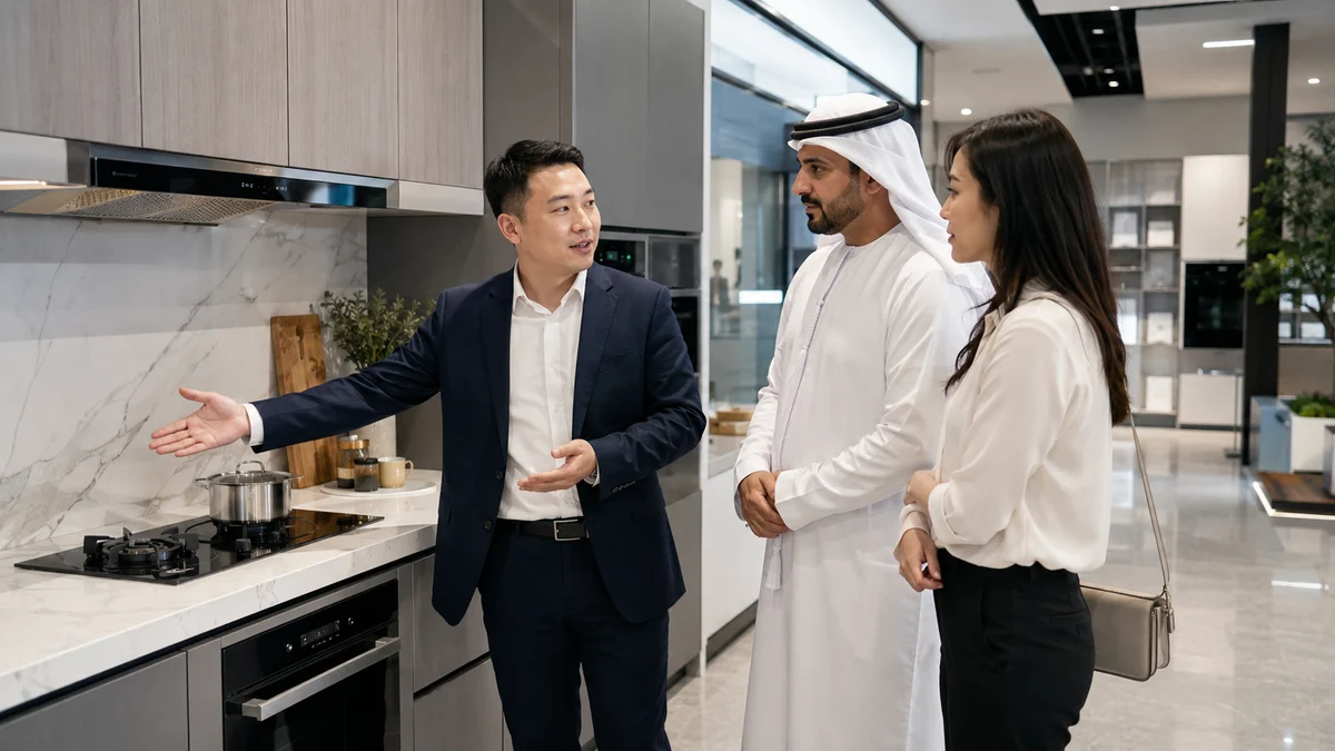 Our Chinese team hosting Gulf clients at a materials showroom in China