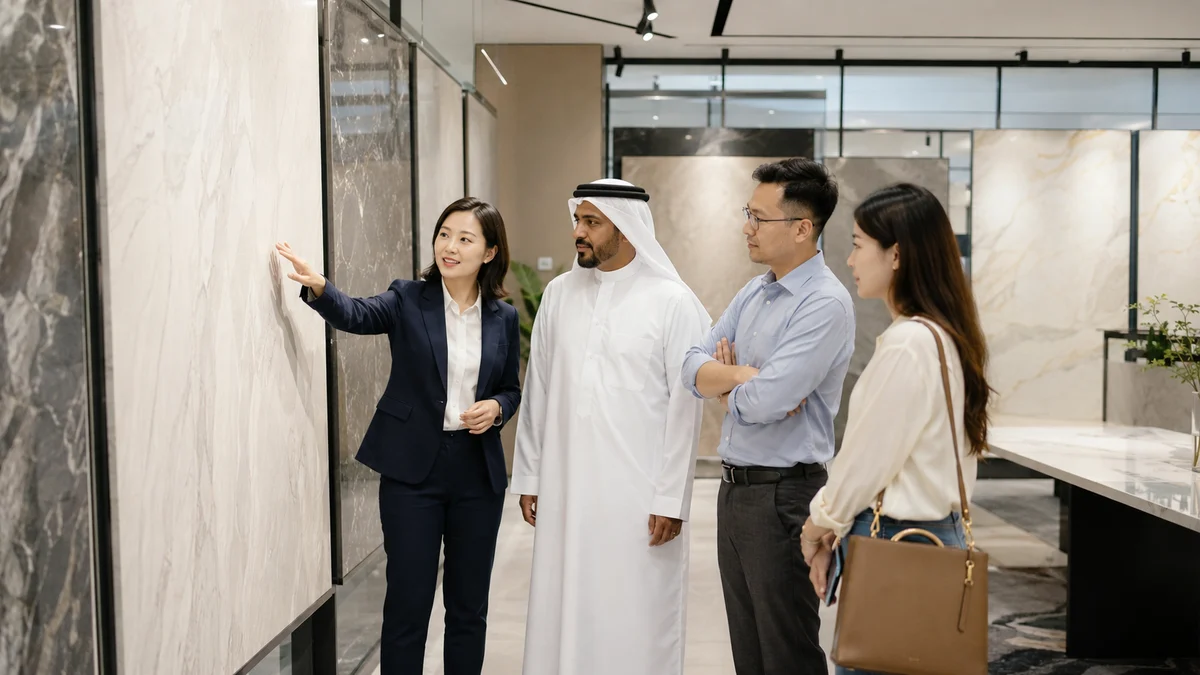 Our Chinese team hosting Gulf clients at a materials showroom in China