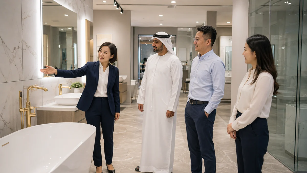 Our Chinese team hosting Gulf clients at a materials showroom in China