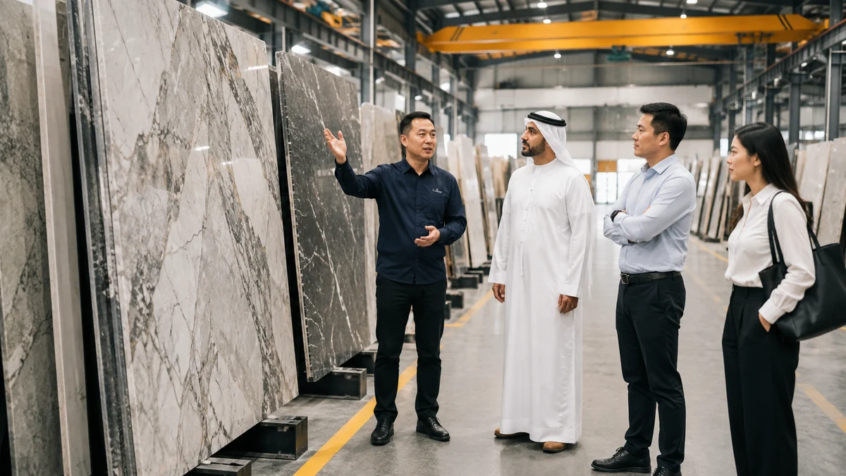 Our Chinese team hosting Gulf clients at a materials showroom in China