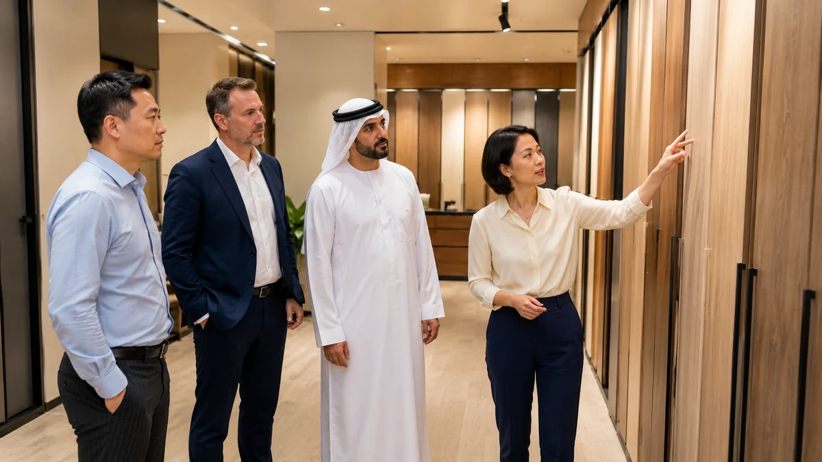 Our Chinese team hosting Gulf clients at a materials showroom in China