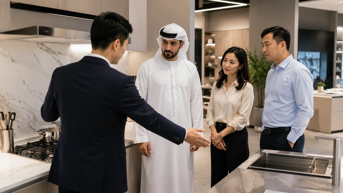 Our Chinese team hosting Gulf clients at a materials showroom in China