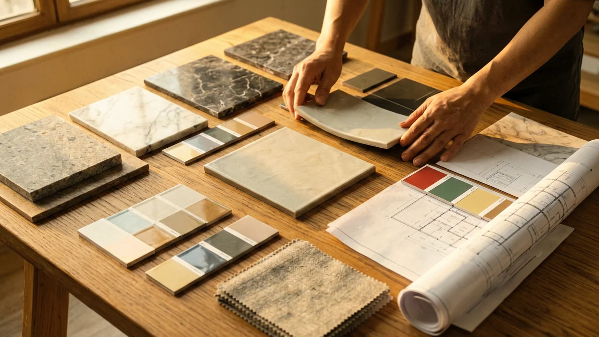 Interior designer reviewing material samples at the Tarmeer selection center