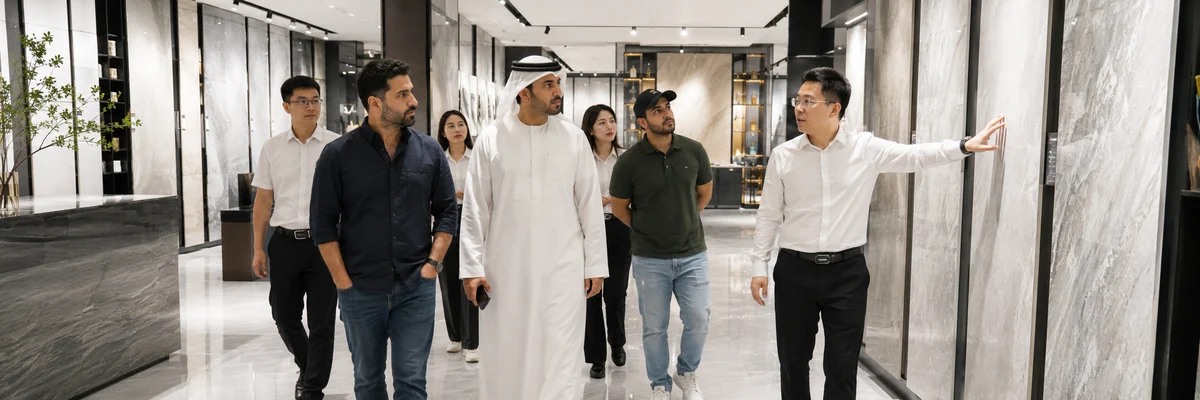 Designers touring a partner stone showroom and factory in China