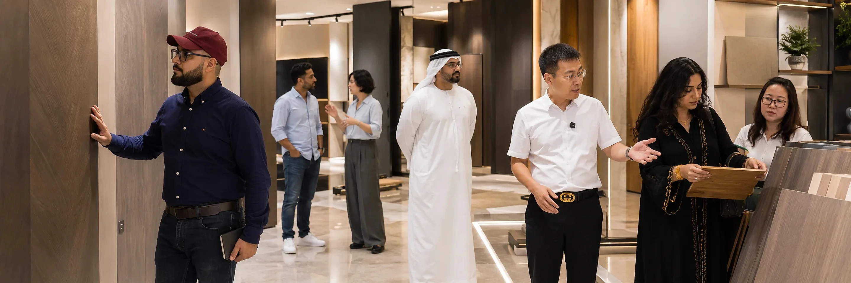 Chinese hosts showing materials to Gulf clients in a wood and stone showroom in China