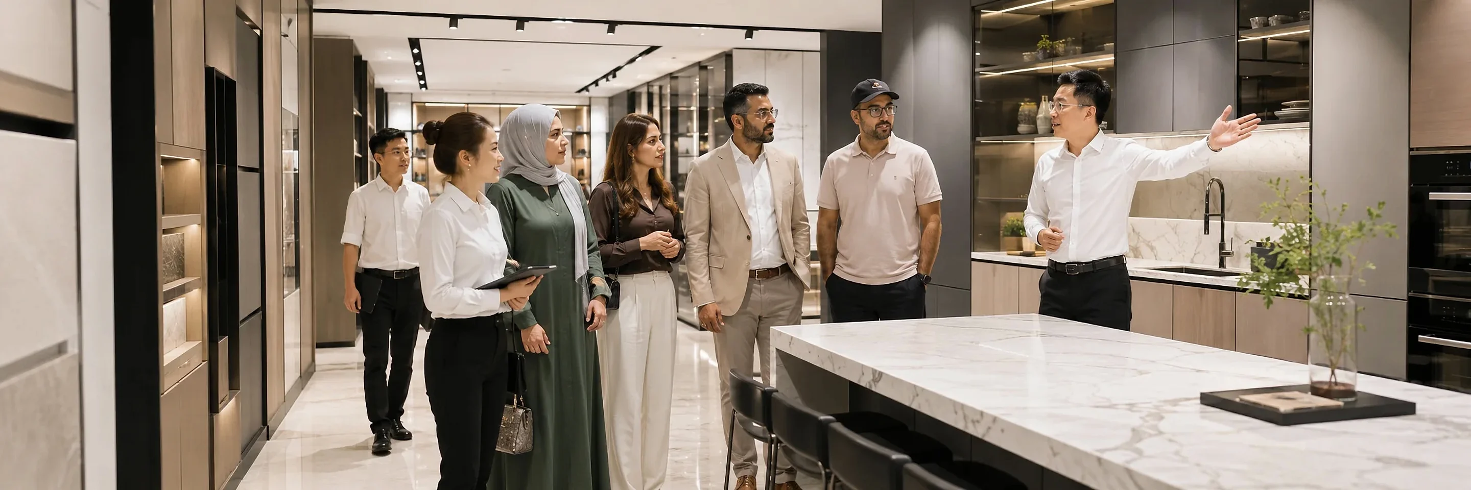 Chinese staff hosting Gulf clients touring a modern kitchen and stone showroom in China