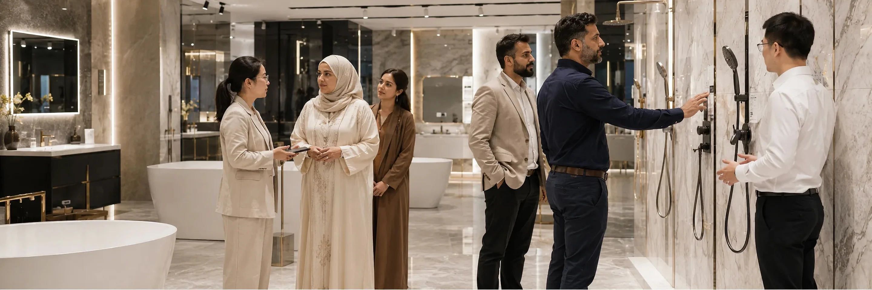 Chinese staff showing bathroom fittings and finishes to Gulf clients at a showroom in China